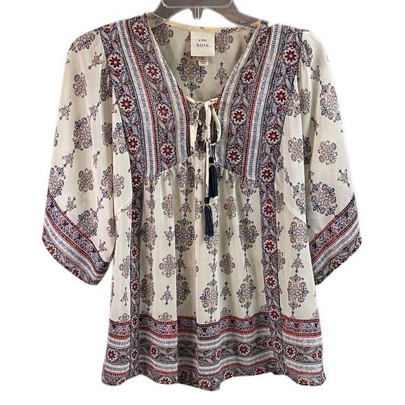 KNOX ROSE Women's Large Floral Boho Chic Peasant V Tie Neck Tassels Sheer Size S - Picture 1 of 8